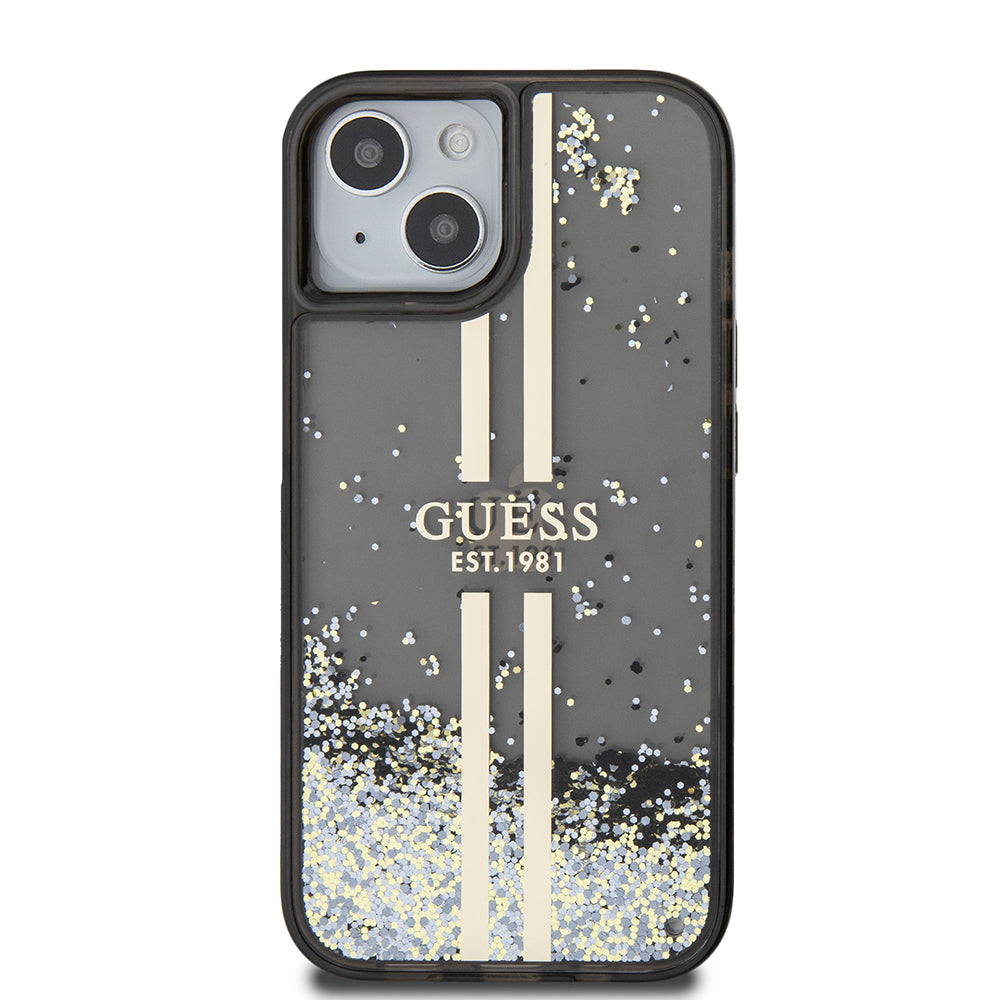 Étui pour Apple iPhone 15, Guess, Liquid Glitter Gold Stripes, Noir