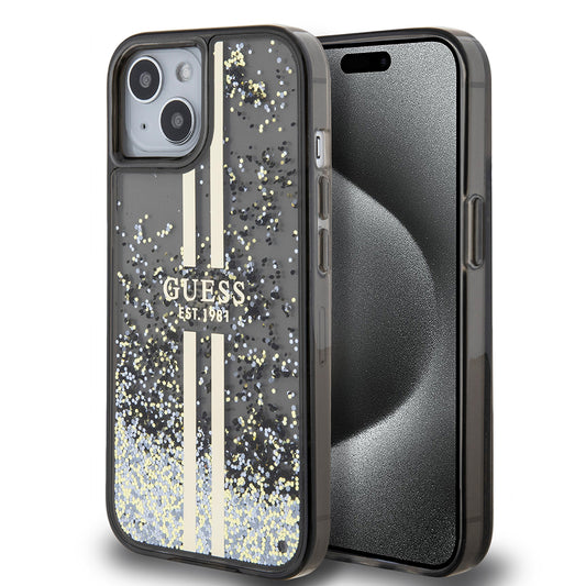 Étui pour Apple iPhone 15, Guess, Liquid Glitter Gold Stripes, Noir