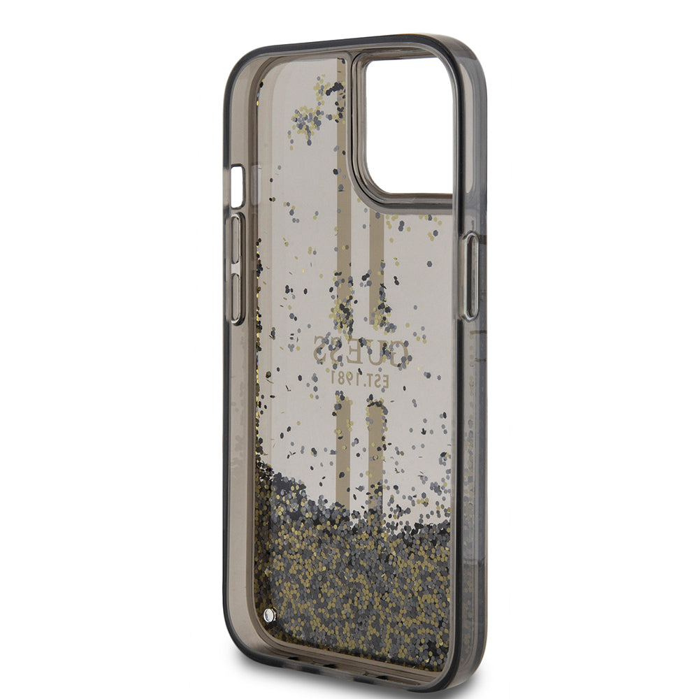 Étui pour Apple iPhone 15, Guess, Liquid Glitter Gold Stripes, Noir