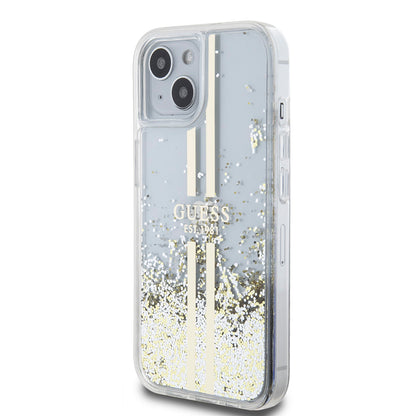 Hoes voor Apple iPhone 15, Guess, Liquid Glitter Gold Stripes, Transparant
