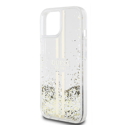 Hoes voor Apple iPhone 15, Guess, Liquid Glitter Gold Stripes, Transparant