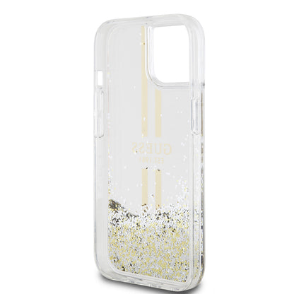 Hoes voor Apple iPhone 15, Guess, Liquid Glitter Gold Stripes, Transparant