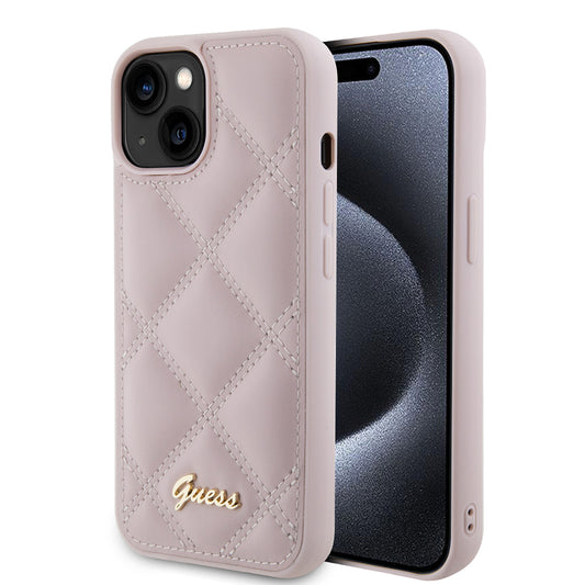 Étui pour Apple iPhone 15, Guess, Logo Métallique Matelassé, Rose