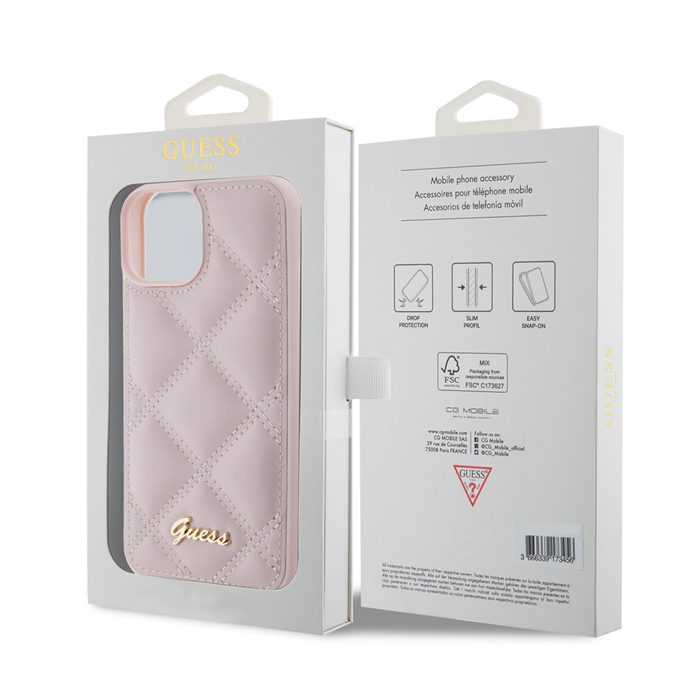 Étui pour Apple iPhone 15, Guess, Logo Métallique Matelassé, Rose