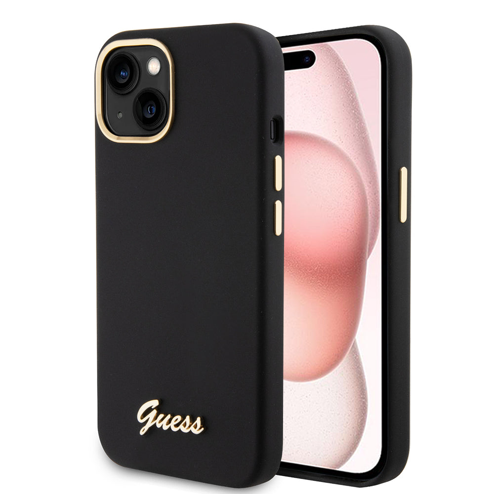 Étui pour Apple iPhone 15, Guess, Script Metal Logo & Frame, Noir
