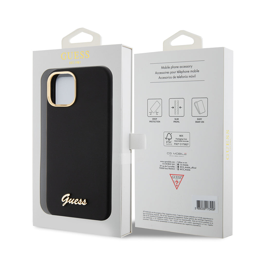 Étui pour Apple iPhone 15, Guess, Script Metal Logo & Frame, Noir