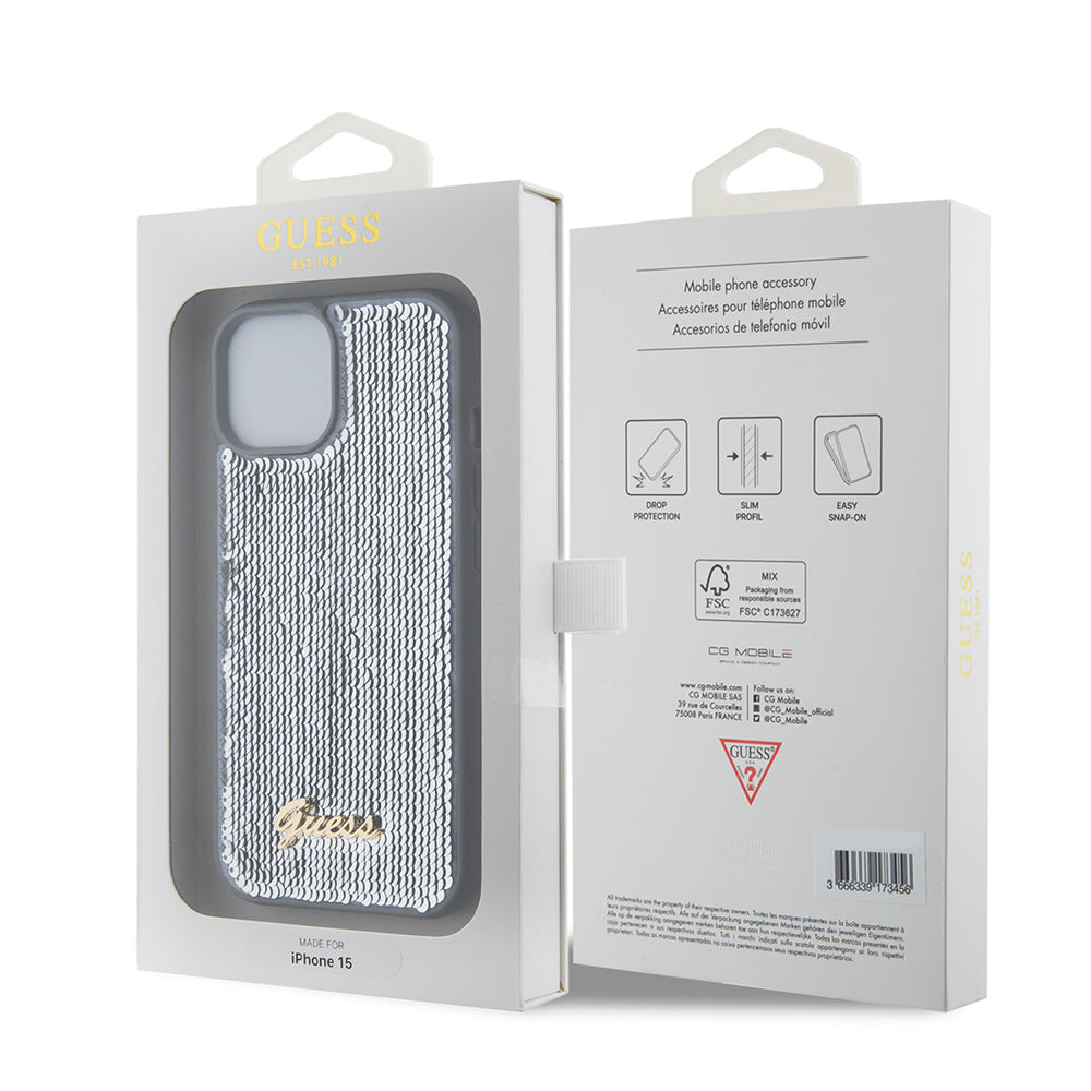 Étui pour Apple iPhone 15, Guess, Sequin Script Metal, Argenté