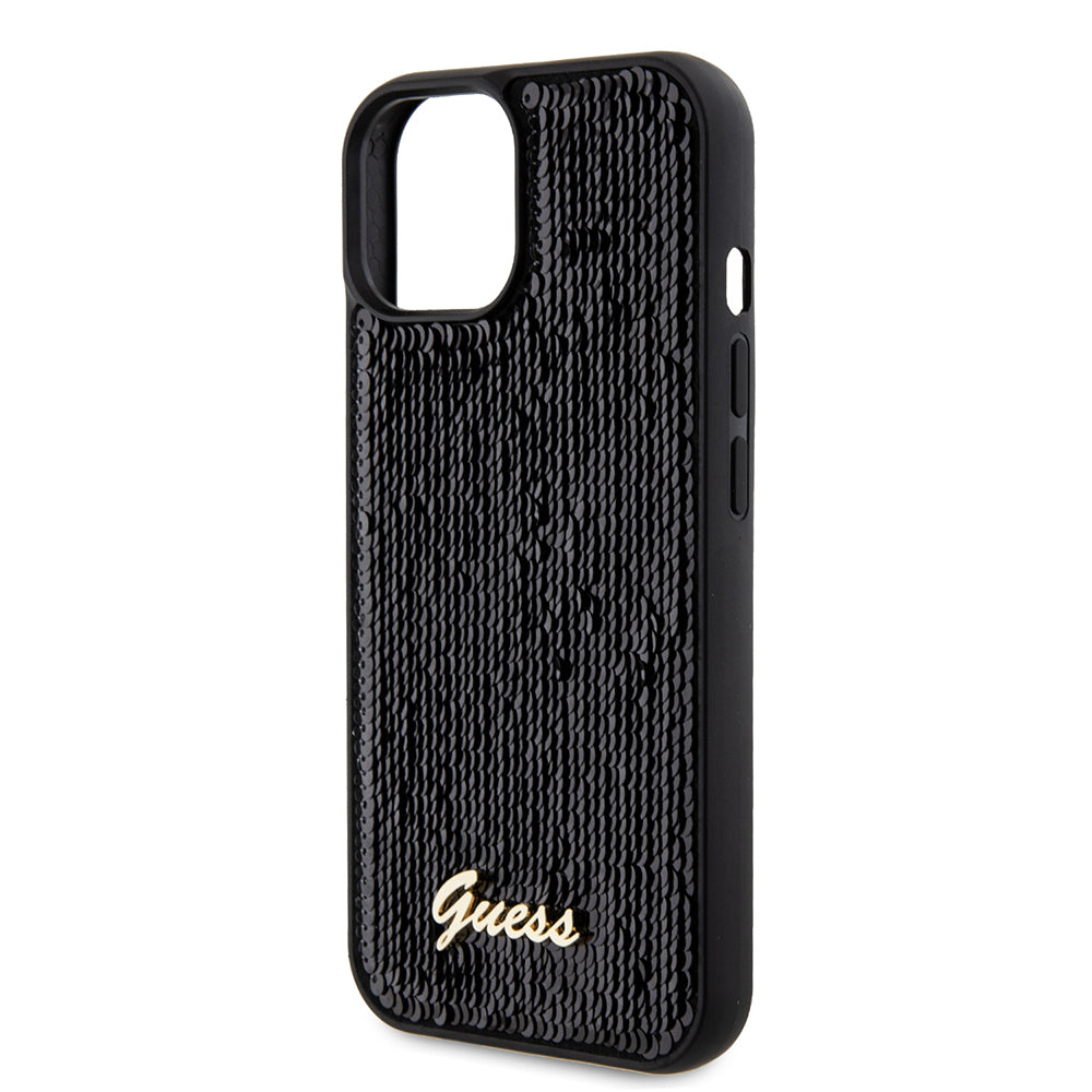 Hoes voor Apple iPhone 15, Guess, Sequin Script Metal, Zwart