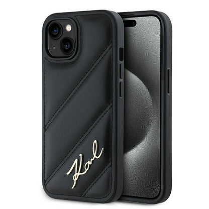 Hülle für Apple iPhone 15, Karl Lagerfeld, Diagonal Quilted Script, Schwarz