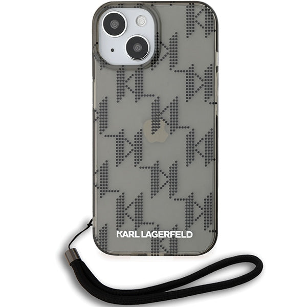 Hülle für Apple iPhone 15, Karl Lagerfeld, IML Luxury Monogram KL Muster mit Trageriemen, Schwarz