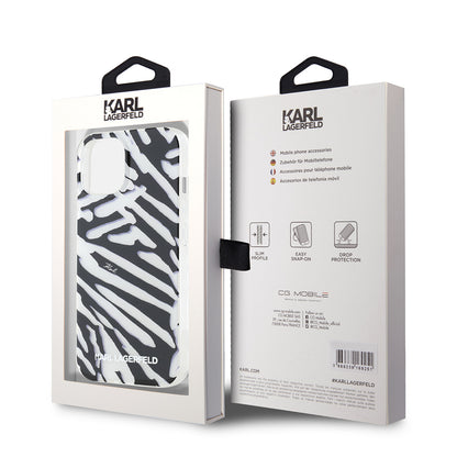 Hülle für Apple iPhone 15, Karl Lagerfeld, IML Luxury Zebra Muster mit Trageriemen, Schwarz