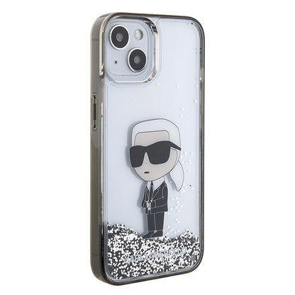 Étui pour Apple iPhone 15, Karl Lagerfeld, Liquid Glitter Ikonik Karl, Transparent