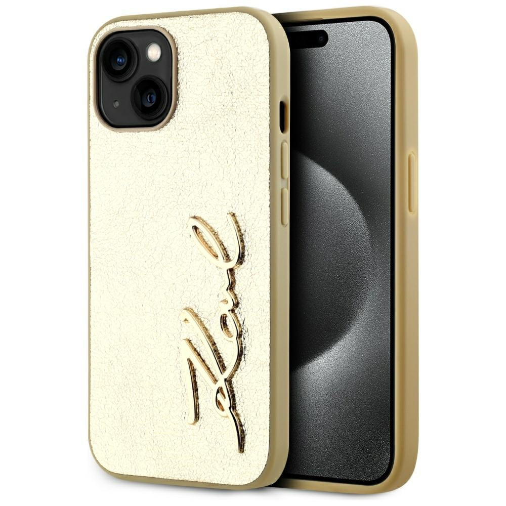 Étui pour Apple iPhone 15, Karl Lagerfeld, Signature Métallique, Doré