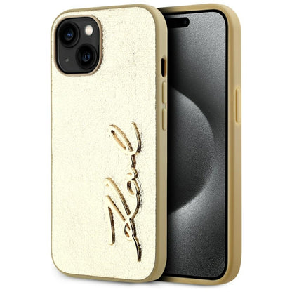 Étui pour Apple iPhone 15, Karl Lagerfeld, Signature Métallique, Doré