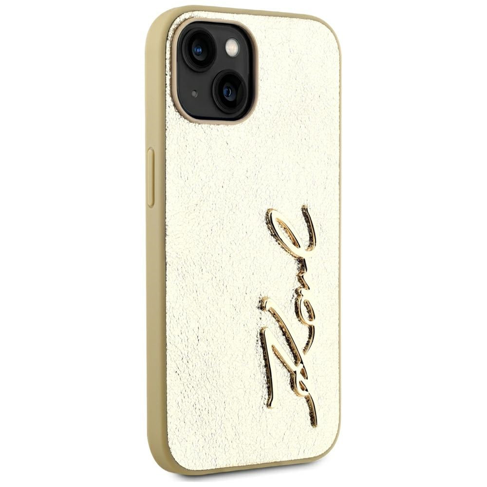 Étui pour Apple iPhone 15, Karl Lagerfeld, Signature Métallique, Doré