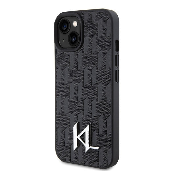 Hoes voor Apple iPhone 15, Karl Lagerfeld, Monogram Hot Stamp Metal Logo, Zwart