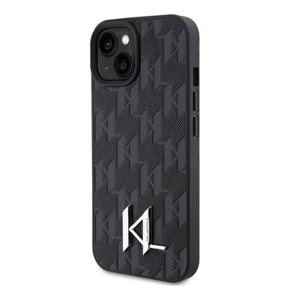 Hoes voor Apple iPhone 15, Karl Lagerfeld, Monogram Hot Stamp Metal Logo, Zwart