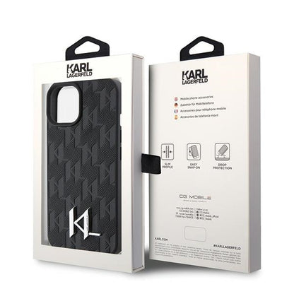 Hoes voor Apple iPhone 15, Karl Lagerfeld, Monogram Hot Stamp Metal Logo, Zwart