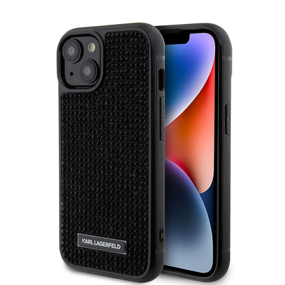 Hoes voor Apple iPhone 15, Karl Lagerfeld, Rhinestone Metal Plate, Zwart