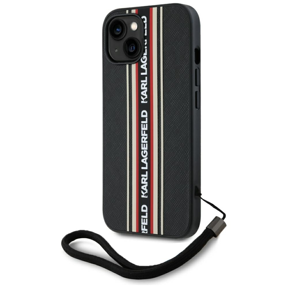 Étui pour Apple iPhone 15, Karl Lagerfeld, Saffiano Athleisure Stripes with Strap, Rosie