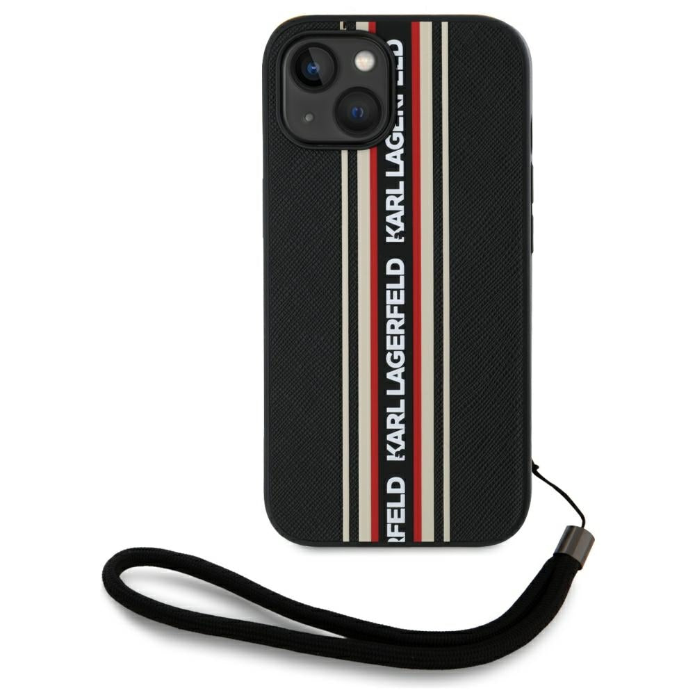 Étui pour Apple iPhone 15, Karl Lagerfeld, Saffiano Athleisure Stripes with Strap, Rosie