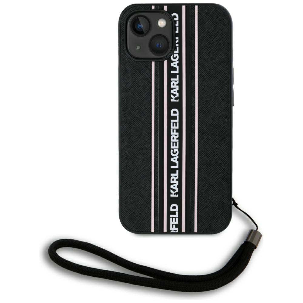 Étui pour Apple iPhone 15, Karl Lagerfeld, Saffiano Athleisure Stripes avec sangle, Rose