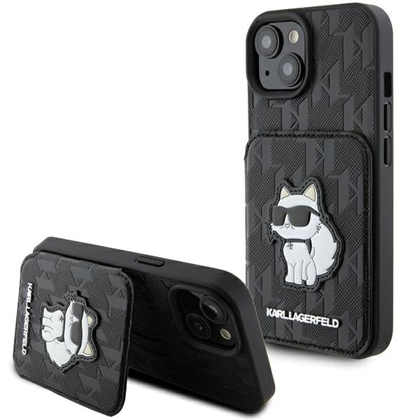 Hoes voor Apple iPhone 15, Karl Lagerfeld, Saffiano Cardslots en Stand Monogram Choupette, Zwart