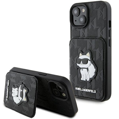 Hoes voor Apple iPhone 15, Karl Lagerfeld, Saffiano Cardslots en Stand Monogram Choupette, Zwart