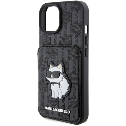 Hoes voor Apple iPhone 15, Karl Lagerfeld, Saffiano Cardslots en Stand Monogram Choupette, Zwart