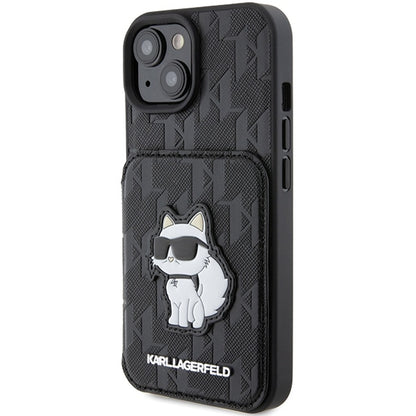 Hoes voor Apple iPhone 15, Karl Lagerfeld, Saffiano Cardslots en Stand Monogram Choupette, Zwart