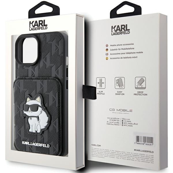 Hoes voor Apple iPhone 15, Karl Lagerfeld, Saffiano Cardslots en Stand Monogram Choupette, Zwart