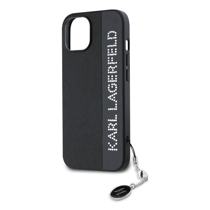 Hoes voor Apple iPhone 15, Karl Lagerfeld, Saffiano Rhinestones & Charm, Zwart