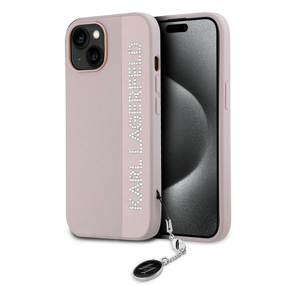 Hoes voor Apple iPhone 15, Karl Lagerfeld, Saffiano Rhinestones & Charm, Roze