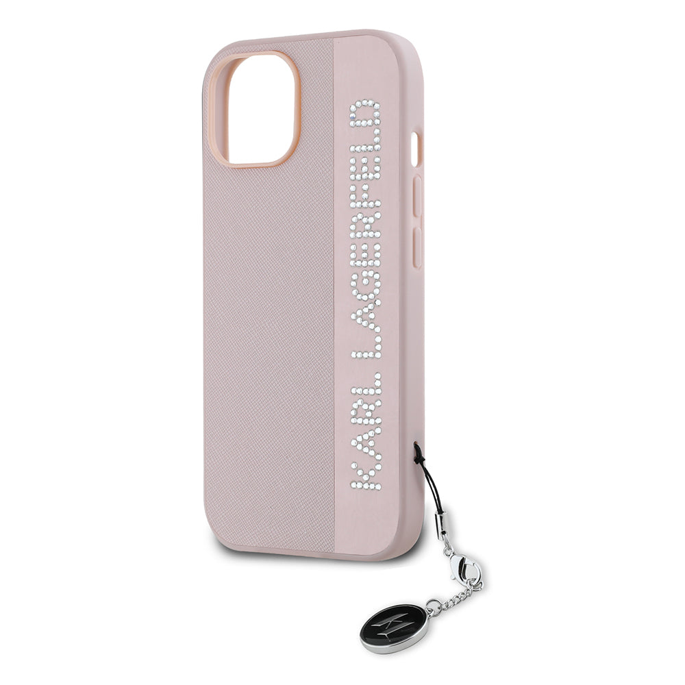 Hoes voor Apple iPhone 15, Karl Lagerfeld, Saffiano Rhinestones & Charm, Roze