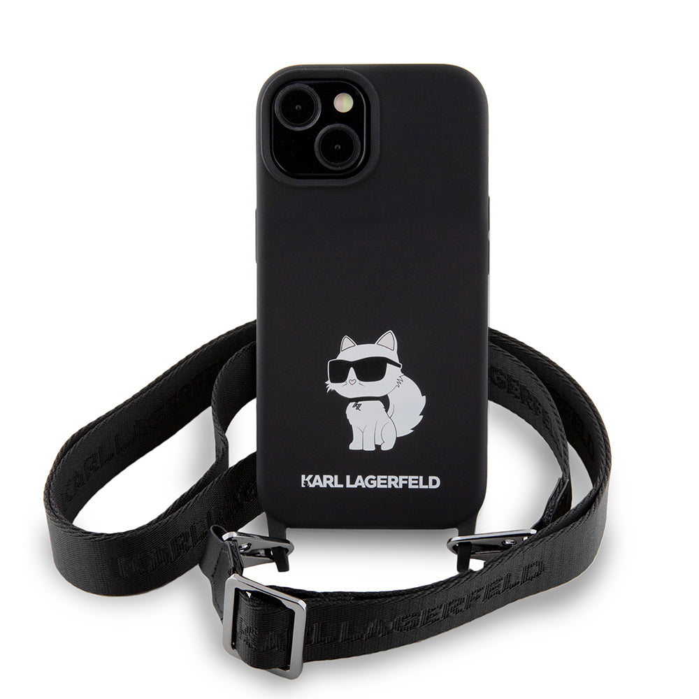 Hülle für Apple iPhone 15, Karl Lagerfeld, Silicone Crossbody Choupette, Schwarz