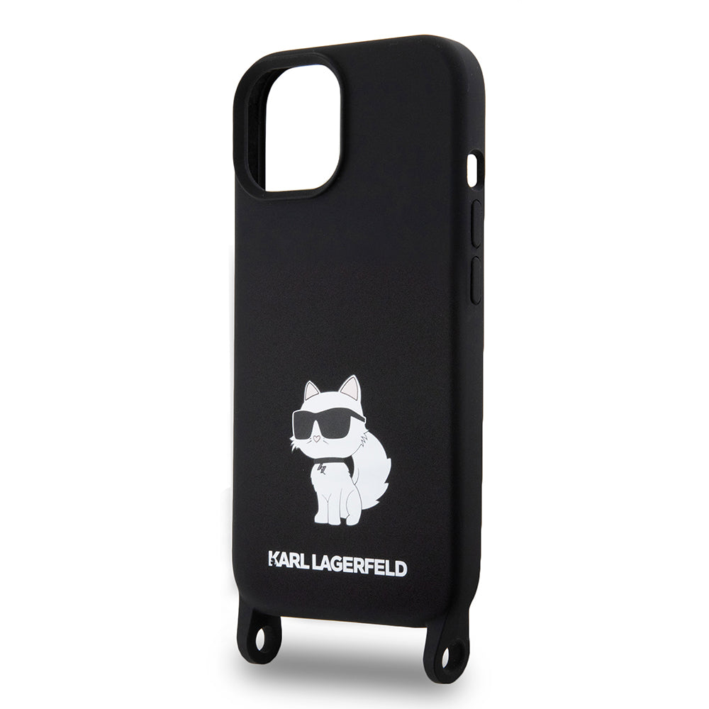 Hülle für Apple iPhone 15, Karl Lagerfeld, Silicone Crossbody Choupette, Schwarz