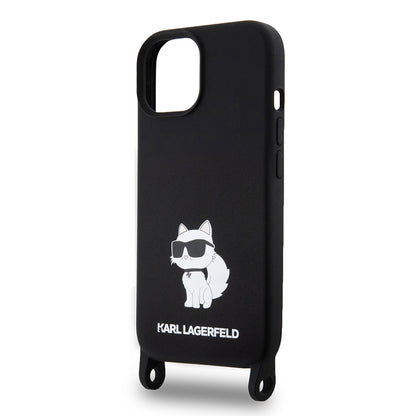 Hülle für Apple iPhone 15, Karl Lagerfeld, Silicone Crossbody Choupette, Schwarz