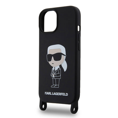 Hülle für Apple iPhone 15, Karl Lagerfeld, Silikon Crossbody Ikonik Karl, Schwarz