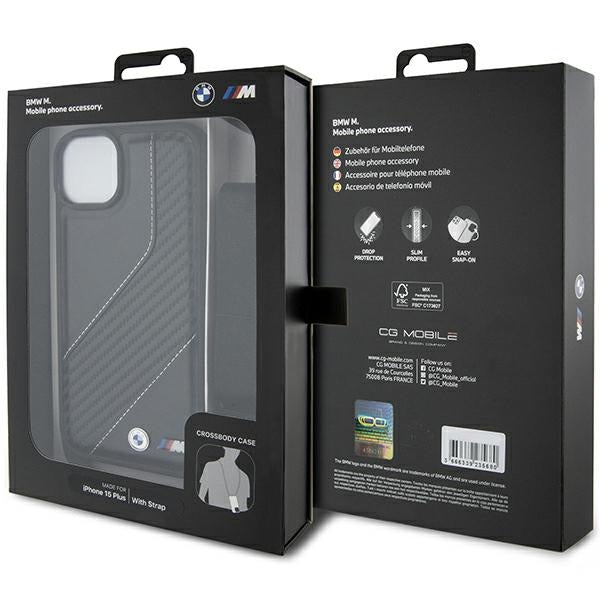 Case for Apple iPhone 15 Plus, BMW, M Edition Carbon Stripe & Strap, Black