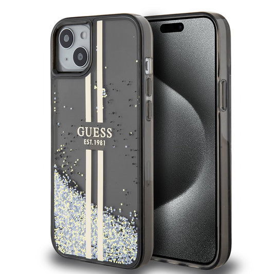 Étui pour Apple iPhone 15 Plus, Guess, Liquid Glitter Gold Stripes, Noir