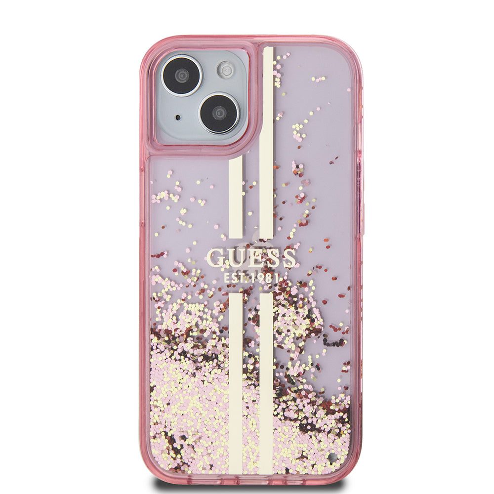 Hülle für Apple iPhone 15 Plus, Guess, Liquid Glitter Gold Stripes, Rosa