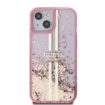Hülle für Apple iPhone 15 Plus, Guess, Liquid Glitter Gold Stripes, Rosa