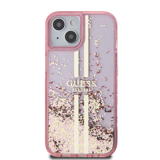 Étui pour Apple iPhone 15 Plus, Guess, Liquid Glitter Gold Stripes, Rose