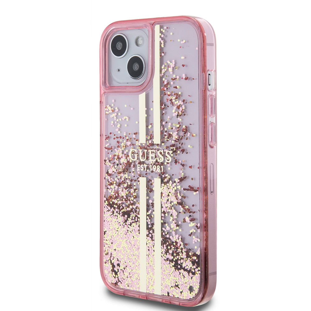 Hülle für Apple iPhone 15 Plus, Guess, Liquid Glitter Gold Stripes, Rosa