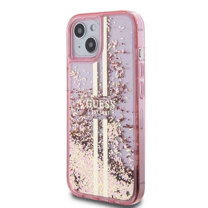 Hülle für Apple iPhone 15 Plus, Guess, Liquid Glitter Gold Stripes, Rosa