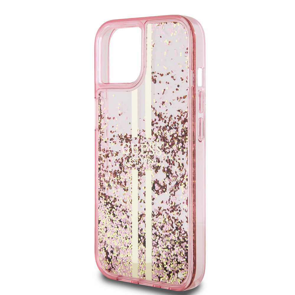 Hülle für Apple iPhone 15 Plus, Guess, Liquid Glitter Gold Stripes, Rosa