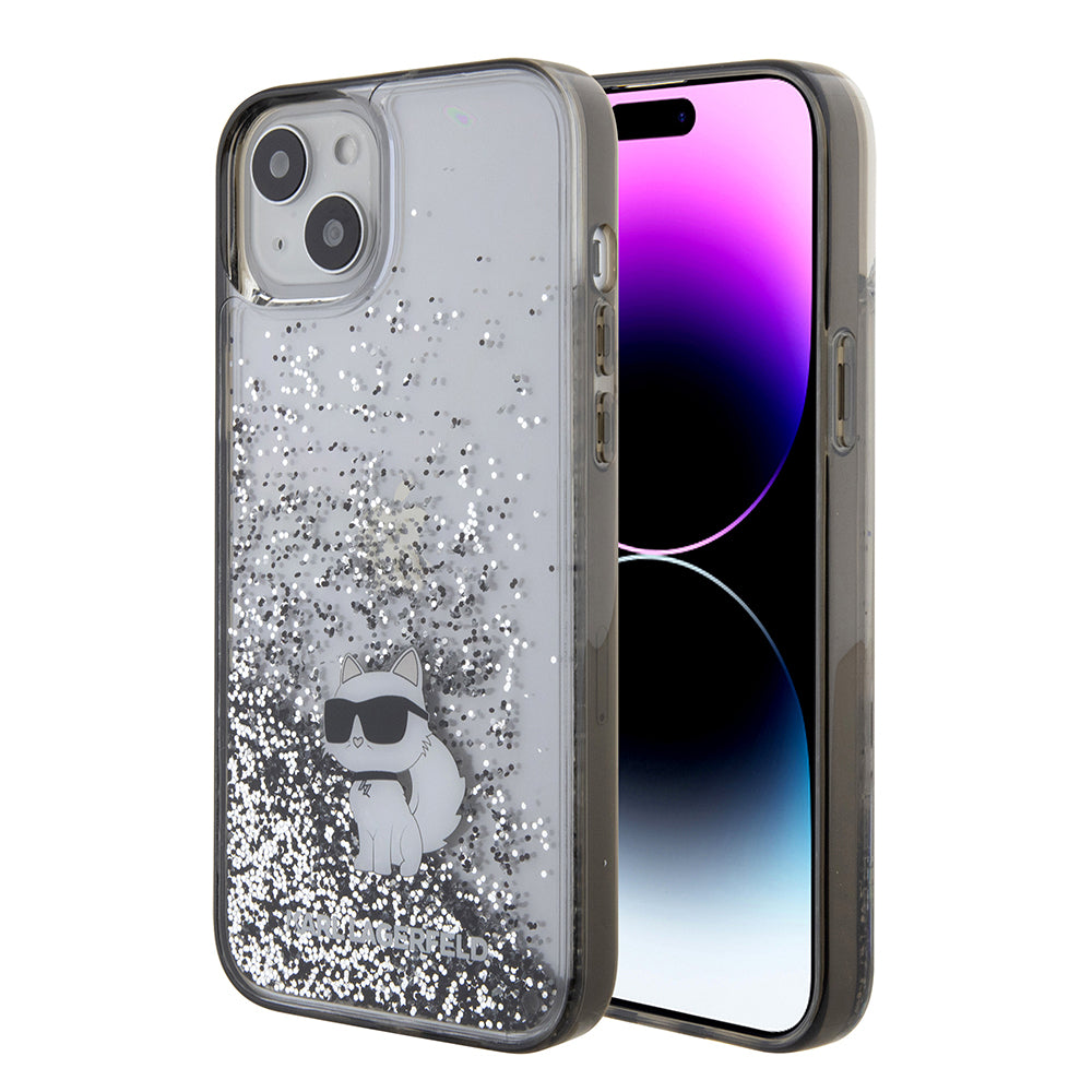 Housse pour Apple iPhone 15 Plus, Karl Lagerfeld, Liquid Glitter Choupette, Transparente