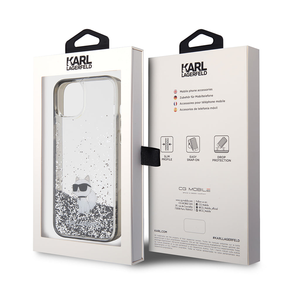 Housse pour Apple iPhone 15 Plus, Karl Lagerfeld, Liquid Glitter Choupette, Transparente