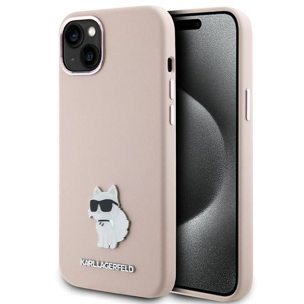 Étui pour Apple iPhone 15 Plus, Karl Lagerfeld, Silicone Choupette Métal, Rose