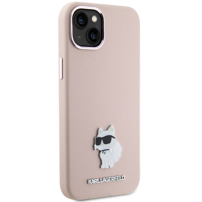 Étui pour Apple iPhone 15 Plus, Karl Lagerfeld, Silicone Choupette Métal, Rose